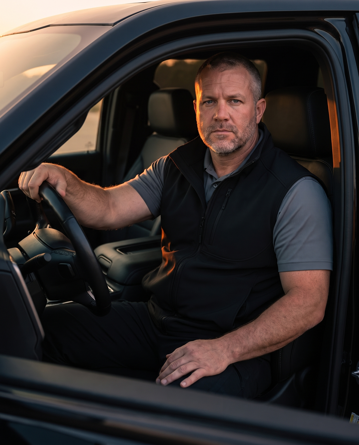Man wearing the Wedjat concealed carry vest behind the wheel of his truck